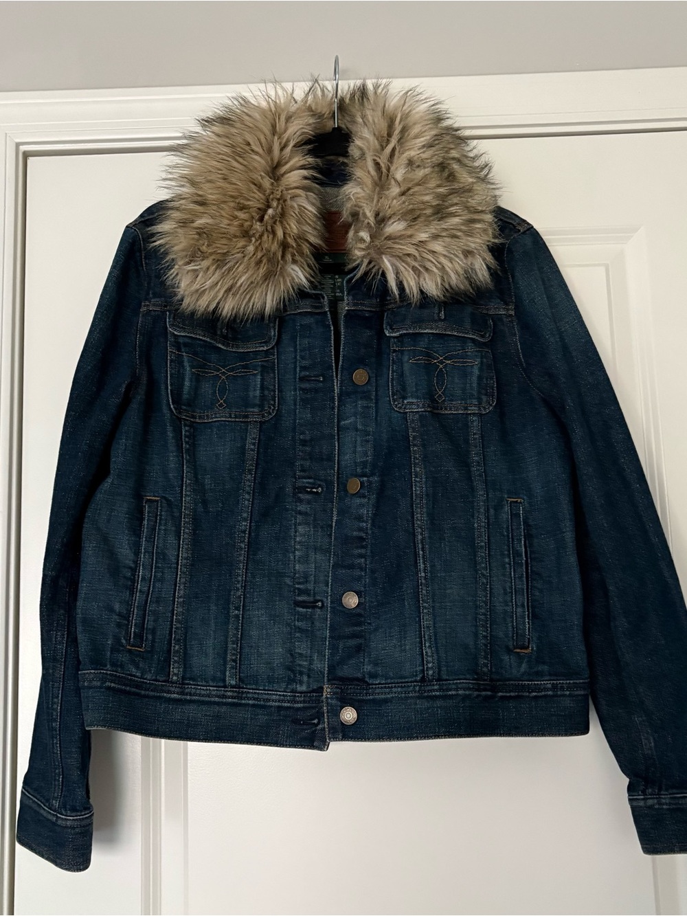 Ralph Lauren Jeans Co. Women’s Faux Fur Collar Dark Denim Jacket - Picture 8 of 11